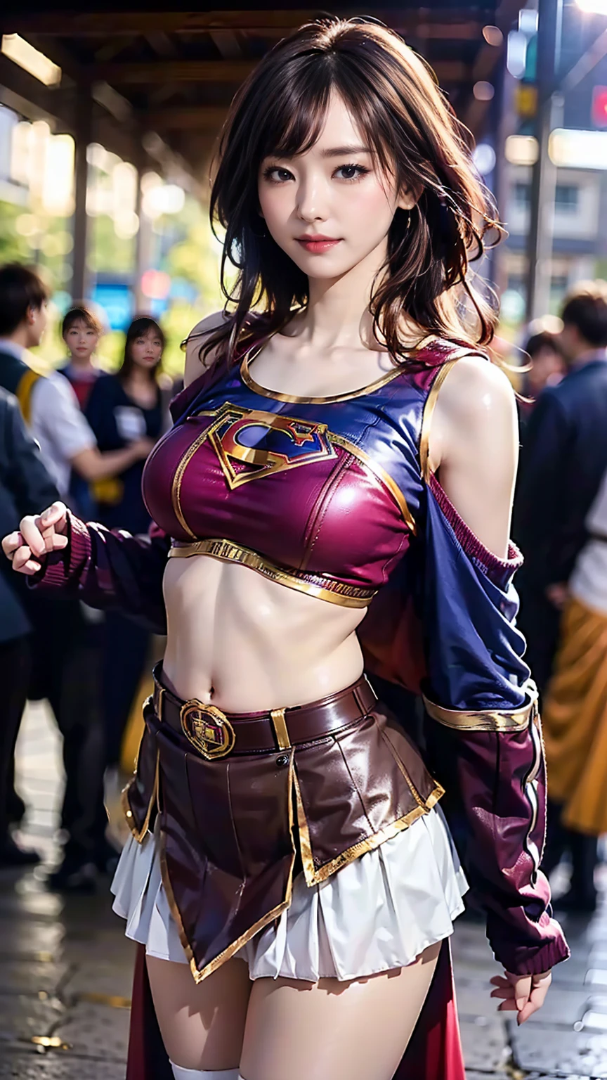   1 girl，big tit female body set ，  Supergirl Costume Dress，skirt、ミニskirt、Cutting clothes，close，  Off Shoulder Outfit，Charming，  perfect body，street，belly button，Abdominal vest line，Brown Hair、Long Hair、Long Hair、  Sexy Poses