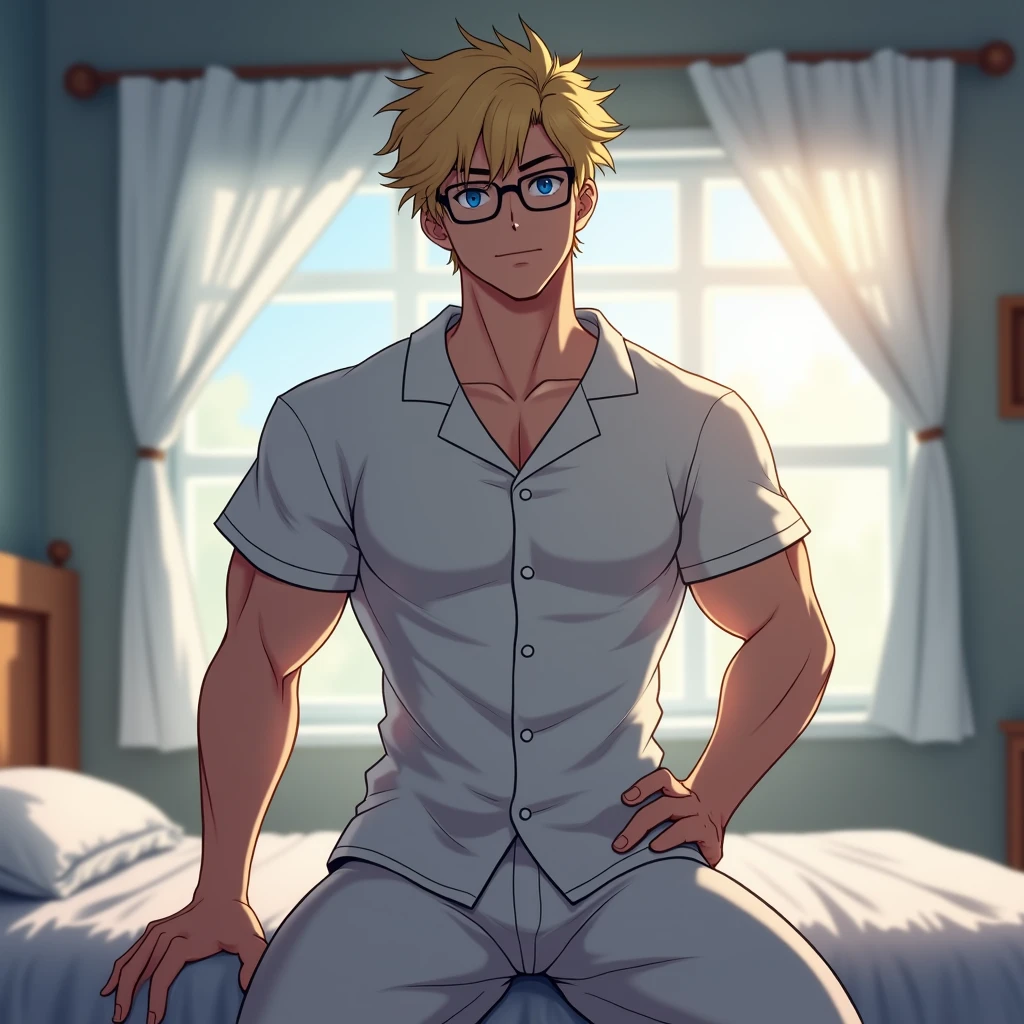 Chico musculoso alto , cabello amarillento , ojos negros , lentes de sol, tetas grandes , sudoroso , seductor,  visto desde abajo, A blonde man lying on a bed, shirtless, in his underwear, big bulge in his pants, sweaty and blushing.  short blonde hair, short blonde beard.  with an erection., anime style