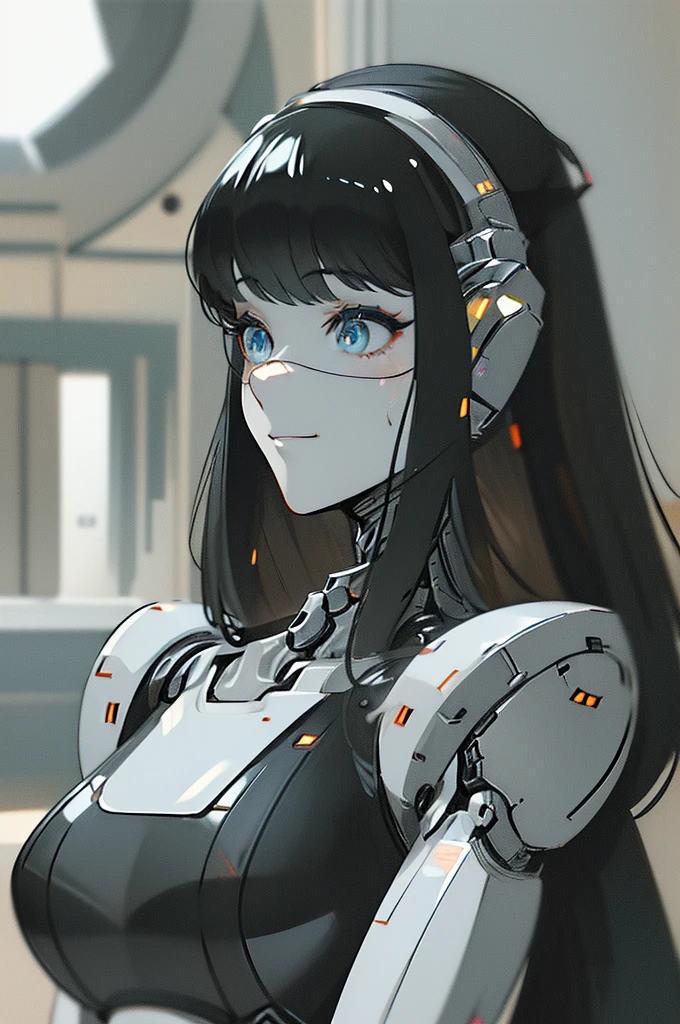 (masterpiece),(Highest quality),(Super detailed),(Best illustrations),(Best Shadow),(Absurd),(Detailed Background),(so beautiful), 16K, 8K, 4K,(Best Shadow),robotization,woman ,big bust,Robot Joint ,Metal skin,Black robot Suit,long hair,a black robot suit that covers the whole body,robot hand,cyber bodysuit,mecha head,(Detailed hands and fingers:1.2),Ball joint robot body,doll joint,beautiful face,beautiful robot girl,robotic eye,robotic hands,(no more human skin),android girl,cyborg girl,F cup, sexy body,(machine made joints:1.2),(machanical limbs:1.1),(blood vessels connected to tubes),(mechanical vertebra attaching to back),(mechanical cervial attaching to neck),no messy picture style,no emotion,tech control,black robot suit,maintenance,smile