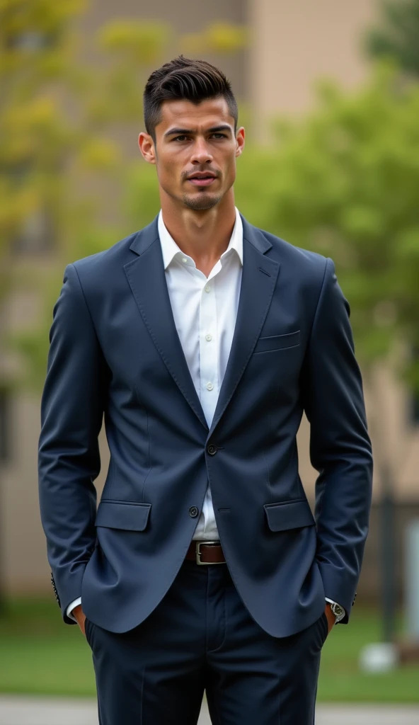 Full body portrait of Ronaldo in a suit, small head, extremely detailed skin, at the park, making an inspirational speech, blurred background.