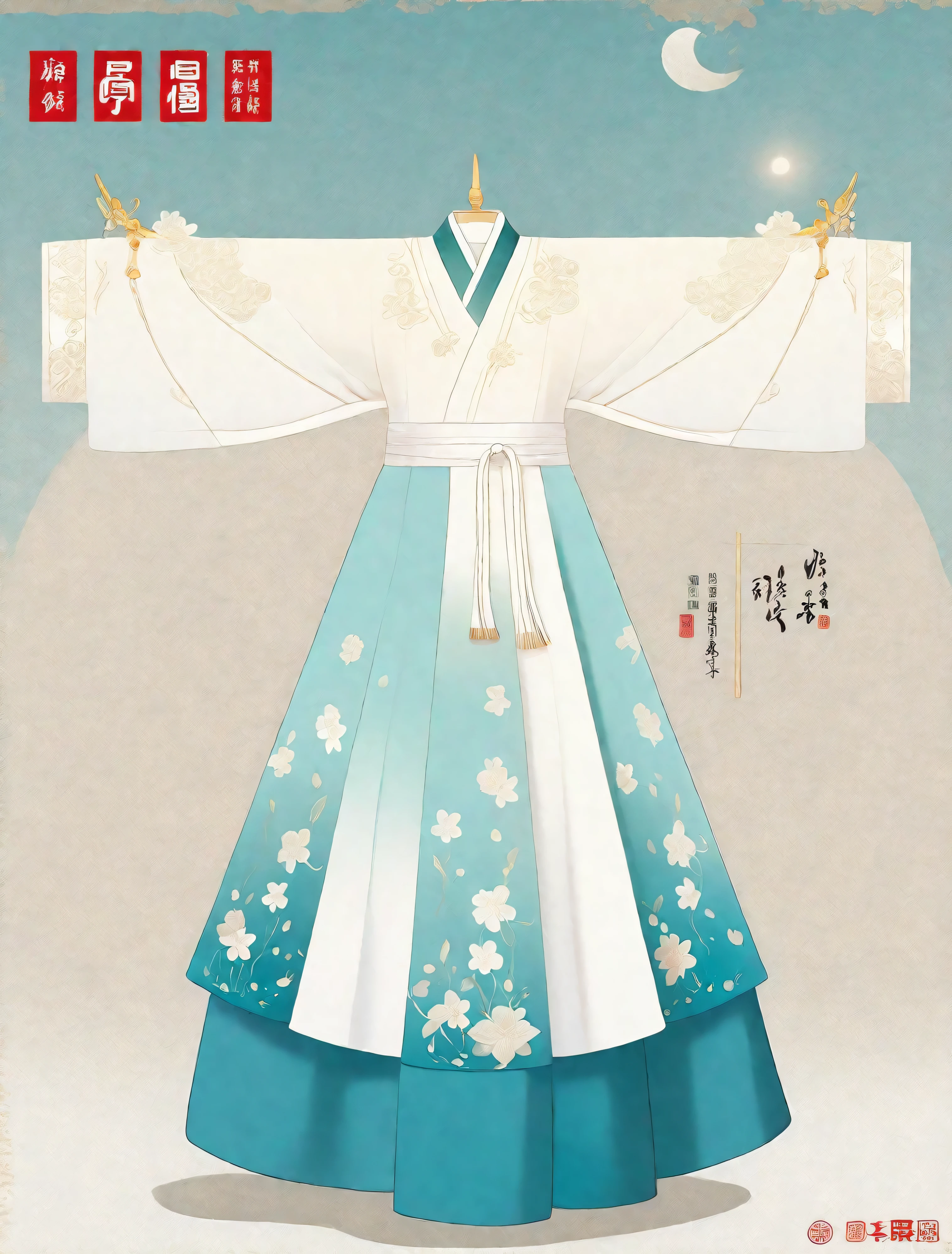  close-up of a dress with flowers on a blue background, White Hanfu, Hanfu, Japanese Clothing, palace ，  girl in Hanfu,  Imperial royal elegant costume  , Pale and colored kimono , Traditional Chinese Clothing, Moon Themed Costumes , white and teal garment, Japanese Traditional Concept Art,  The detailed painting  , Ancient white dress,  Chinese Clothes 