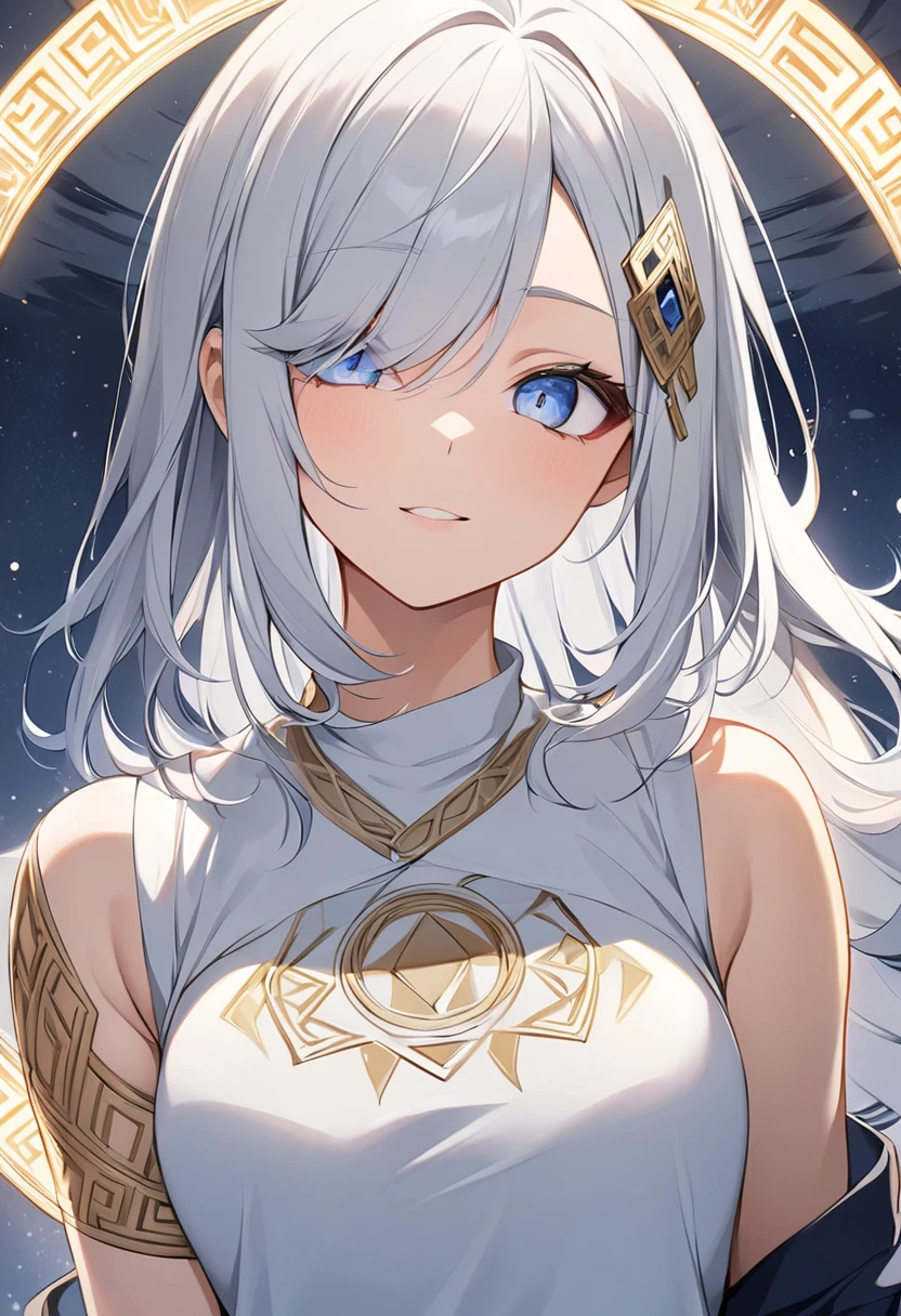 Height 170cm, Weight 56 kg . long silver hair, Odd eye,  the right eye is blue, The left eye is golden .  An ancient rune pattern is engraved like light on the left arm.,  pattern shine more clearly when activated .