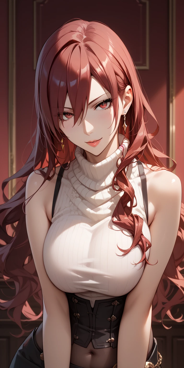 Score_9, Score_8_up, Score_7_up, Source_anime, anime art, anime style, masterpiece, best quality, very aesthetic, 1girl, mature woman, milf, curvaceous, long hair, maroon hair,  sleeveless turtleneck, large breasts, seductive face, upper body, home, kirijodef, hair over one eye, erza