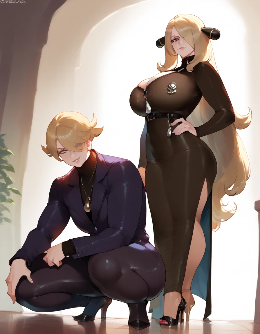 1girl, blonde hair, cynthia (pokemon), mature female, single mother, milf, mole under eye, tall, huge breasts, high heels, dark outfit, femdom, dominant woman, femdom, sexy pose