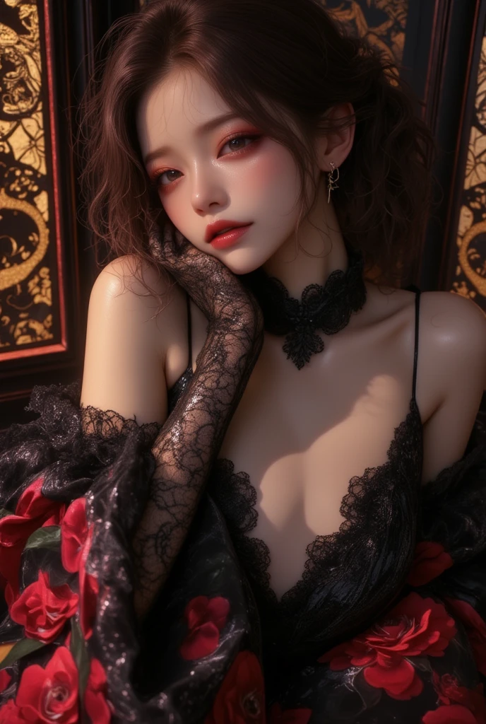 Gothic. Woman, young beautiful, fine black lace dress, silver filigree, chiffon, tulle, silver threads, beautiful full black lips, eye drawing, tuxedo eyes, long fluffy lashes, watercolor, flowers, photorealism, bohemian, delicate image, line drawing, hyper-detailing, aesthetic, 4k, ISO 100, pixel graphics, soft lighting, floral aesthetic, mosaic illustration , cinematic moviemaker style