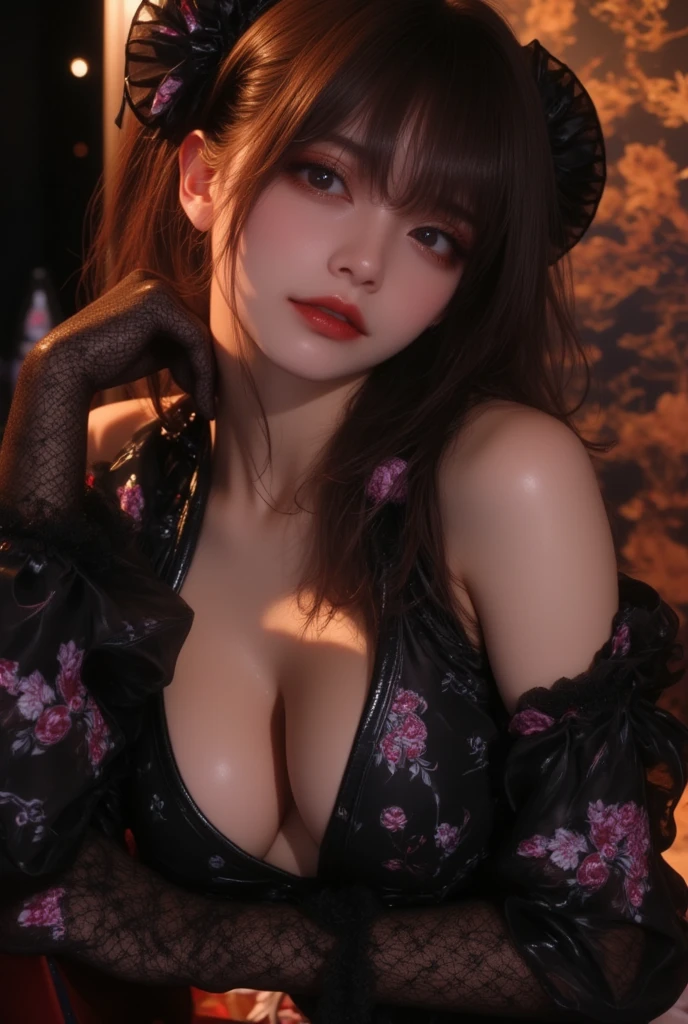 Masterpiece, ultra-detailed, a woman crouching in a dark old castle, fireplace, beauty personified, voluptuous, curvy succubus named Hana Haruna, chubby figure of a gravure idol, body measurement of 100-70-90 cm, long hair cascading down to her shoulders with straight bangs framing her face, braid, full and glossy lips, clad in a black fishnet suit, net suit, fire illuminating her glossy skin, tanned skin, soft and warm indirect light gently kissing her features. Shiny Burgundy hair. Cinematic and captivating. Picture is taken from below, extreme close up of her face and cleavage from the side 