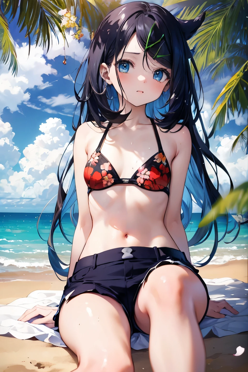 NSFW,  (masterpiece,  best quality,  8K ultra-high resolution :1.4),  (tropical,  beachside, flower: 1.4), 12yo, Pokémon,  written boundary depth , Film focus,  angle from below,  sitting, Emotional composition, Emotional engine full throttle BREAK Young and かわいい girl, Slender body,  flat chested, Provocative, ((love)), Expressions of affection, Extremely Detailed and Shiny Skin ,sweat, exposed breasts,  shorts, wet and shiny thighs ,  Perfect Pokemon Rico Top Break
, wind, detailed in the wind, petals dancing in the wind
BREAK
ultra detailed crystal eyes, Sparkling jewel-like eyes