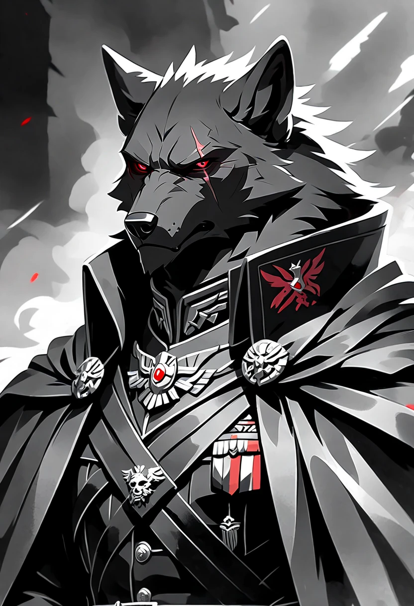 Handsome anthropomorphic black wolf wearing all black german style military outfit with cape, detailed black fur, scar on eye, red eye color, evil, villain, sexy, masculine, arrogant expression, superiority complex, rugged, war general, military general, intimidating, black and white clothing, toned