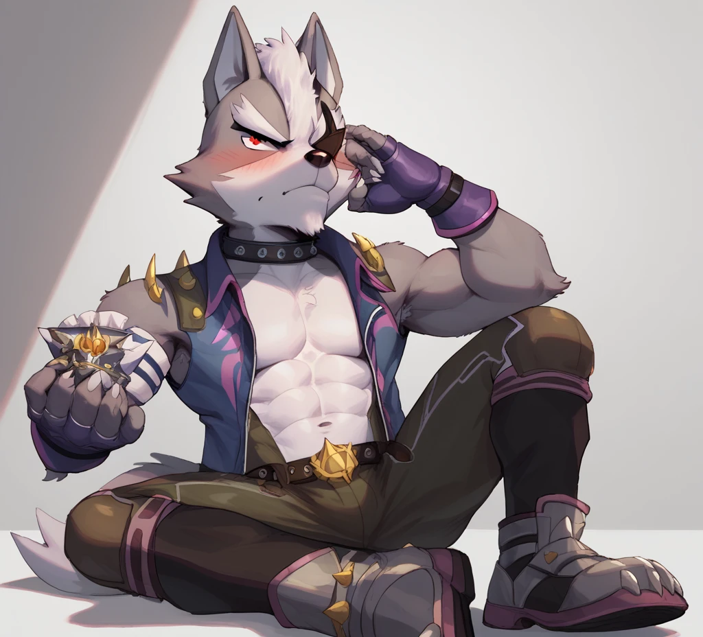 limelight, Alone, antromorfo,  character , Wolf O'Donnell, lobo, adult body, ADULT FACE,  on the body,.. attire: suspensory, Calsonsillo .. pose: sitting, Serious,  blush on the cheeks, single white room, ( low shot angle).