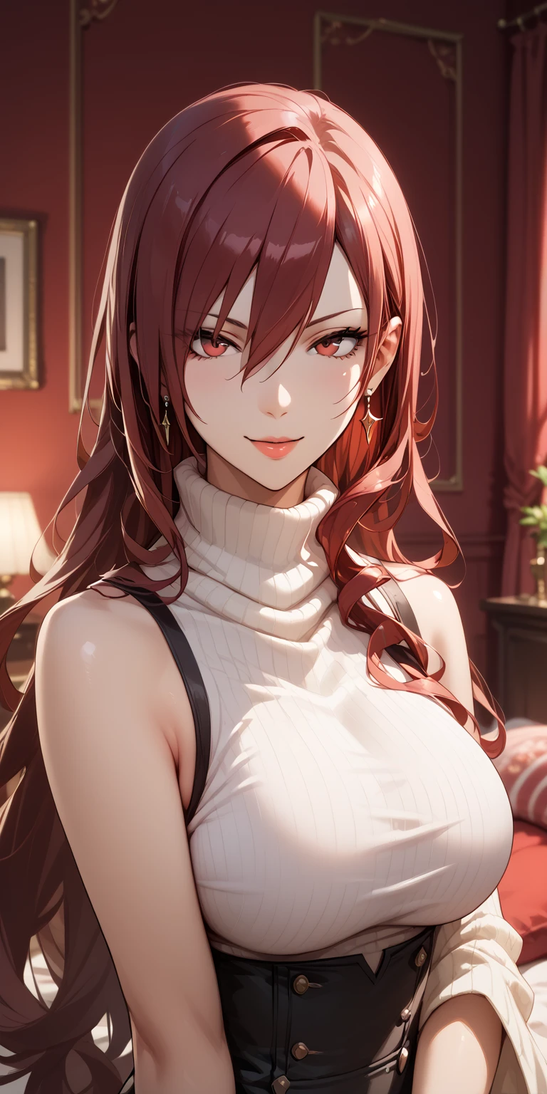 Score_9, Score_8_up, Score_7_up, Source_anime, anime art, anime style, masterpiece, best quality, very aesthetic, 1girl, mature woman, milf, curvaceous, long hair, maroon hair,  sleeveless turtleneck, large breasts, seductive face, upper body, home, kirijodef, hair over one eye, erza