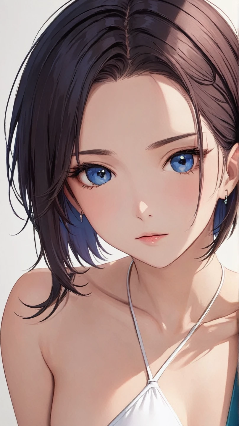 (high quality, masterpiece), cute face, She has a boyish hairstyle, (pixie cut hair, side-parted. Modern, edgy style. with side-swept bangs,:1.1)), clear skin, vibrant colors, white bikini, simple background,  (dark gray hair with side undercut:1.3), (forehead:1.3), (low hair volume:1.5), (Parted Bangs:1.3), (shaved sides hair:1.1),BREAK　Short nape、
　