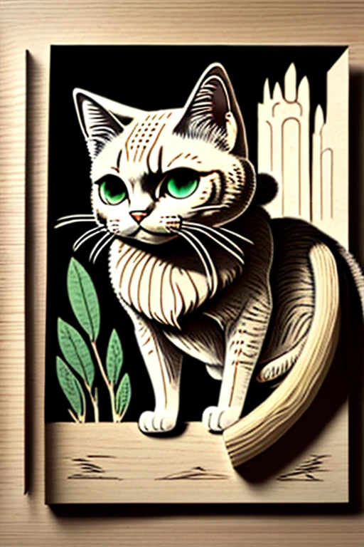 One cat、 cat scratchboard illustration seen from the front, yellow eyes, Hermit, Lore、middle ages、Ireland、Celts、 fantasy、Illustrations