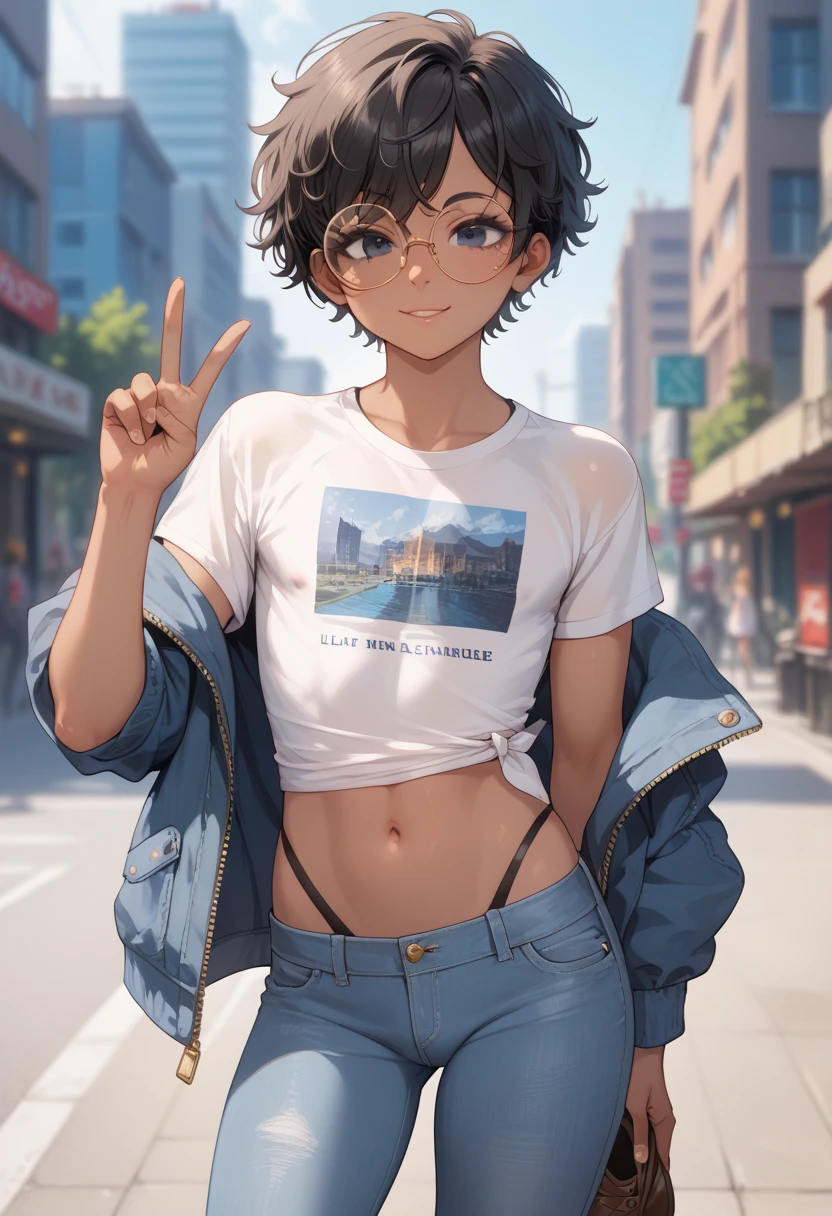  masterpiece,  better quality , Artist bdone , 20 years, femboy,  curly and blurred hair,  short hair,  black hair,  black eyes, round glasses, golden lenses,  tanned skin, Blue denim jacket, Grey sports pants , Dark blue t-shirt ,  brown shoes , love and peace,  slim body, effeminate body, marked rear, Femboy body ,  slim body,  ectoform body 