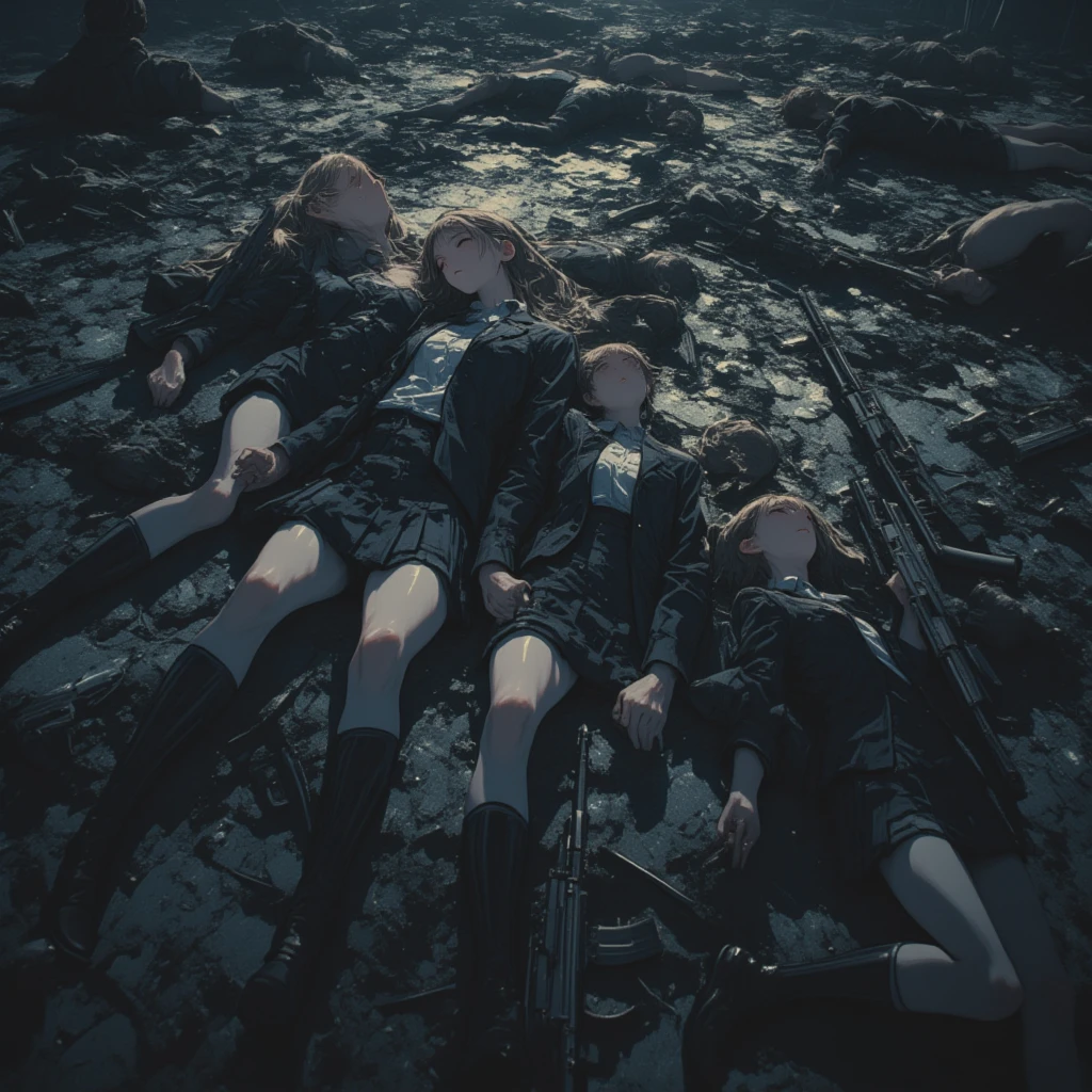 (perfect anatomy, fallen down on ground, killed in action, multiple girls, 6+ girls, closed eyes, pain, torn clothes, torn skirt, white panties, big breast, pile of corpse, scenery, landscape, battlefield:1.3)