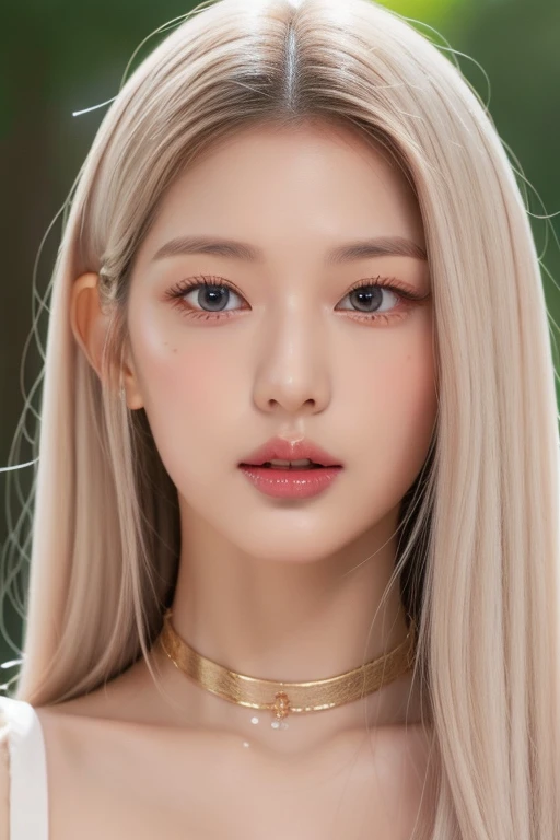 perfect figure beautiful woman：1.4，Layered Hair Style，Protruding cleavage，Pink two-dimensional clothing top：1.5，Highly Detailed Face and Skin Textur，double eyelid，Whiten the skin，long whitr hair，playing water，Collar and golden, pink full eyes, bambi eyes, white hair, hairs white