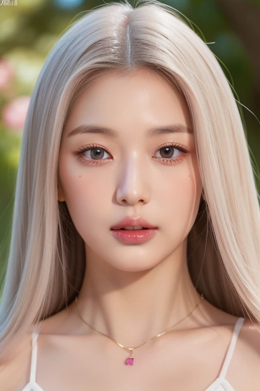 perfect figure beautiful woman：1.4，Layered Hair Style，Protruding cleavage，Pink two-dimensional clothing top：1.5，Highly Detailed Face and Skin Textur，double eyelid，Whiten the skin，long whitr hair，playing water，Collar and golden, pink full eyes, bambi eyes, white hair, hairs white