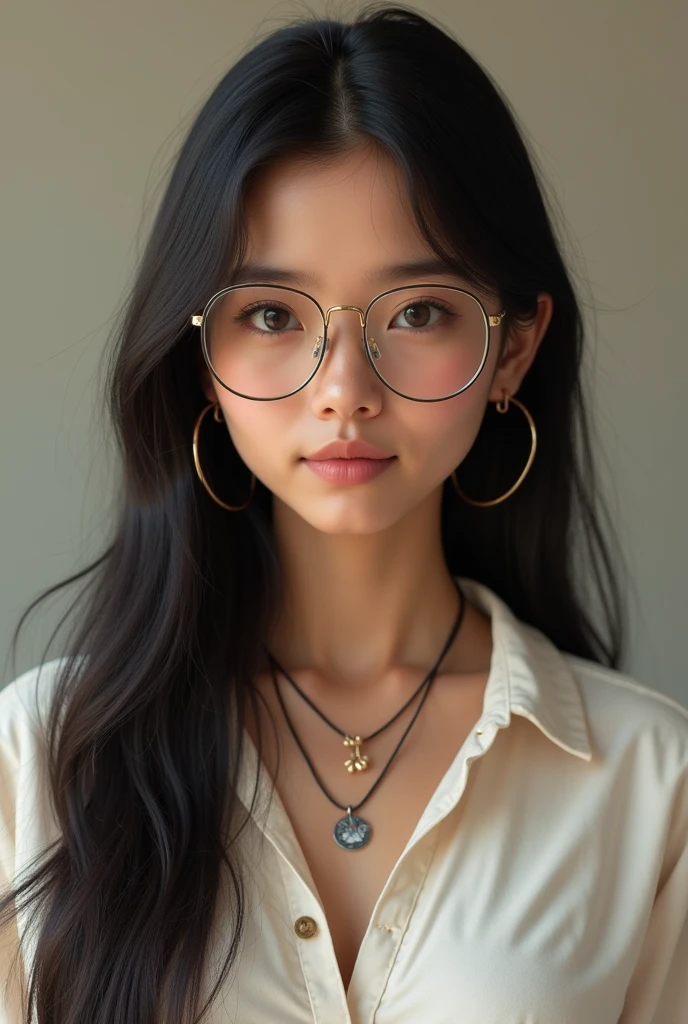 A plump anime style girl with straight black hair and square gold glasses,white skin with a mole on the right cheek and brown eyes 