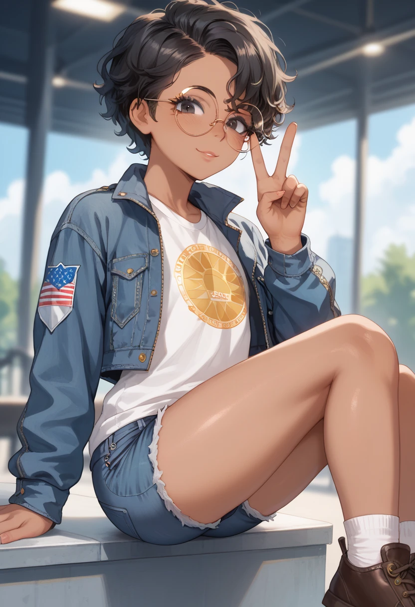  masterpiece,  better quality , Artist bdone , 20 years, femboy,  curly and blurred hair,  short hair,  black hair,  black eyes, round glasses, golden lenses,  tanned skin, Blue denim jacket, Grey sports pants , Dark blue t-shirt ,  brown shoes , love and peace,  slim body, effeminate body, marked rear, Femboy body ,  slim body,  ectoform body 