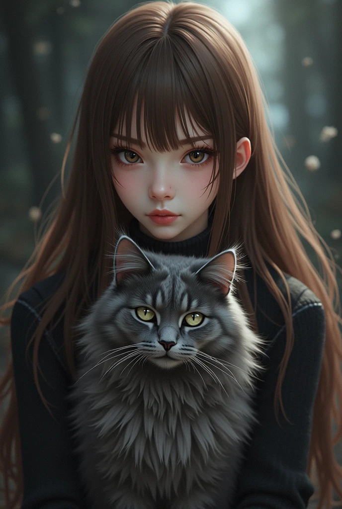 Long straight brown haired anime woman with long bangs with a grey mane coon cat in dark themed wallpaper
