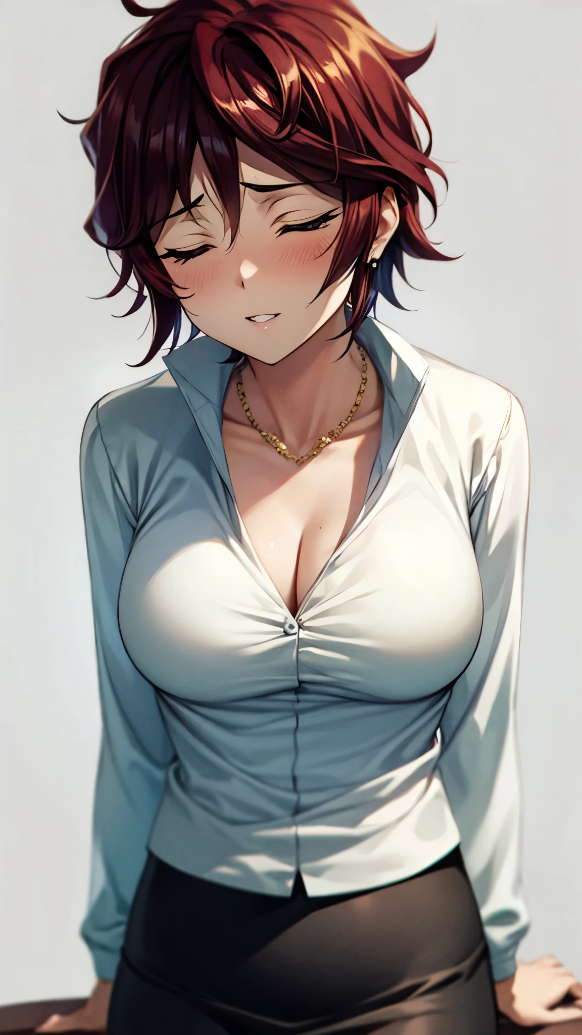 （ super quality, ultra high resolution,16k,super masterpiece,Ultra HD ,Detailed shading and background,）one sexy wife,Short black hair,（A white shirt with a large collar spread wide and standing straight, wide open chest, getting slapped hard by men {x} black pencil skirt,） earrings for a woman alone, Necklaces , gentle smile ,Open thick lips slightly,Sitting on a sofa in the morning sun,