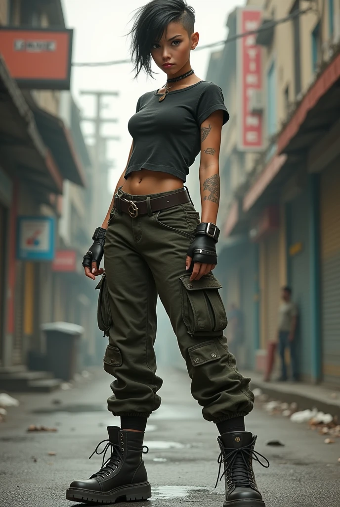 samdoesarts; award winning half body portrait of a beautiful woman in a croptop and cargo pants, military boots, standing on the street faint smile, paint splashes, hair in a bun, splatter, outrun, vaporware, digital art, trending on artstation, highly detailed, fine detail, intricate by Jeremy Mann, matth�us merian the elder, Pino Daeni, robert rauschenber, by beksinski
