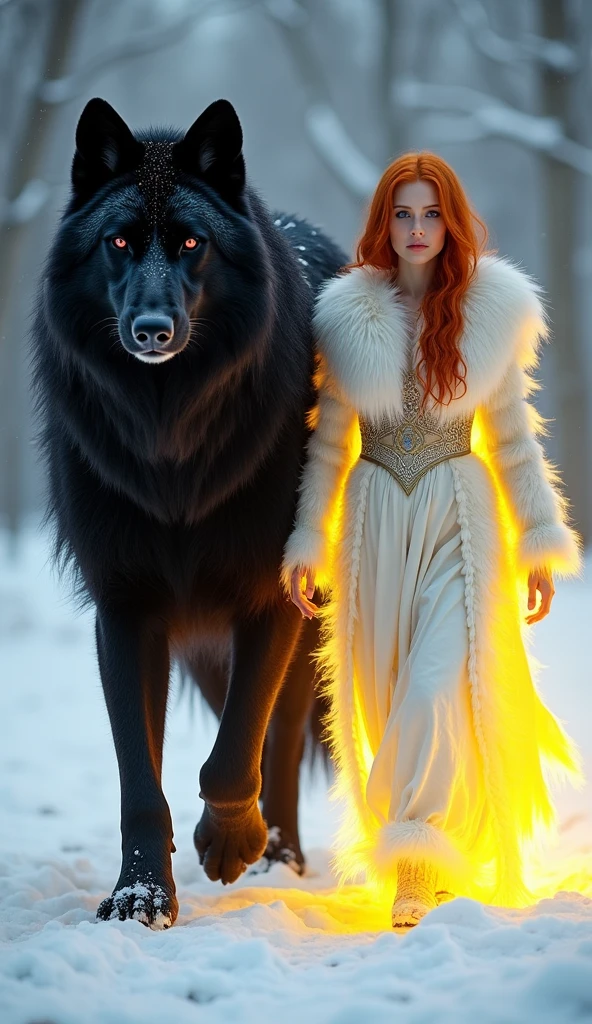  Create an image of a beautiful red-haired woman walking next to a huge black wolf with long fur.  The woman wears a Viking princess outfit made of all-white wolf skin ,  presenting intricate and hyper-detailed textures with realistic flow and sound .  The huge black wolf exudes power and strength ,  outlined in neon yellow and surrounded by a bright yellow light ,  recalling elongated spirits .  Both working directly for the photographer ,  with an ethereal light wrapped in its forms .  Neon pink eyes designed for the lion to create an impressive visual contrast .  The environment is heavily covered with snow ,  with natural light highlighting their shapes and clothes .  The scene is rendered in a cinematic atmosphere with dynamic lighting  (0,85), HDR lighting, Ultra-HD and 8k resolution . intricate details in the environment,  bright clothes and presence are emphasized  (0,9).  Stable diffusion and constant diffusion ensuring smooth and realistic textures  (0,85).  natural light and an ethereal glow create a surreal vibration , more realistic.  Both exude strength and confidence ,  creating a scene powerful and ethereal that emphasizes her brilliant presence ,  blending natural elements and neon perfectly .  24-bit cores and core rendering guarantee vibrant details ,  with virtual and hyper-realistic textures making the composition visually stunning .