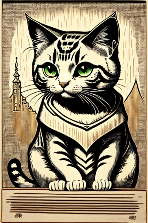 One cat、cat scratch board seen from the front、Woodblock print、 yellow eyes, Hermit, Lore、middle ages、Ireland、Celts、 fantasy、Illustrations