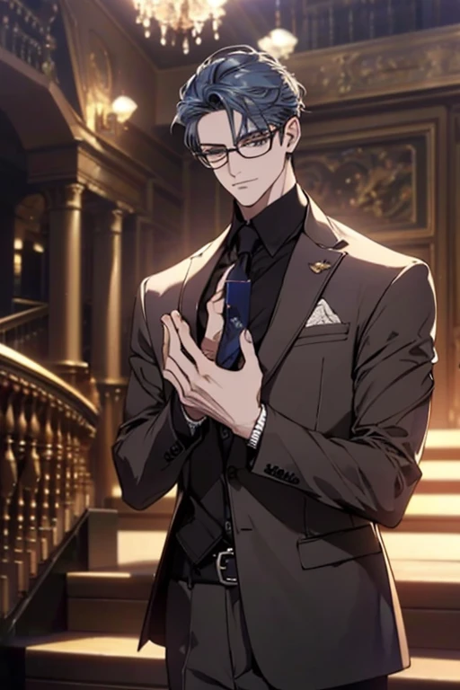 A handsome man in a gray brown suit, blue hair,  A bodyguard in dark clothes, Two people climbed the stairs of the villa to the living room, Perfect face, perfect hands, (best qualityer, 4K, 8k, high resolution, work of art:1.2), ultra detali, (realisitic, photorealisitic, photo-realisitic:1.37), HDR, ultra HD, studio lighting, ultra-fine painting, sharp focus, physics-based rendering, extreme detailed description, proffesional, Vivid colors, bokeh, (portrait), wearing glasses.