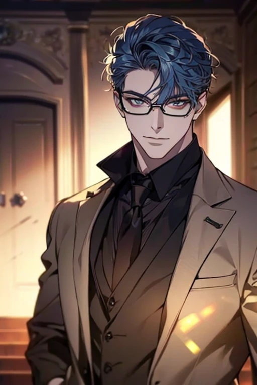 A handsome man in a gray brown suit, blue hair,  A bodyguard in dark clothes, Two people climbed the stairs of the villa to the living room, Perfect face, perfect hands, (best qualityer, 4K, 8k, high resolution, work of art:1.2), ultra detali, (realisitic, photorealisitic, photo-realisitic:1.37), HDR, ultra HD, studio lighting, ultra-fine painting, sharp focus, physics-based rendering, extreme detailed description, proffesional, Vivid colors, bokeh, (portrait), wearing glasses.