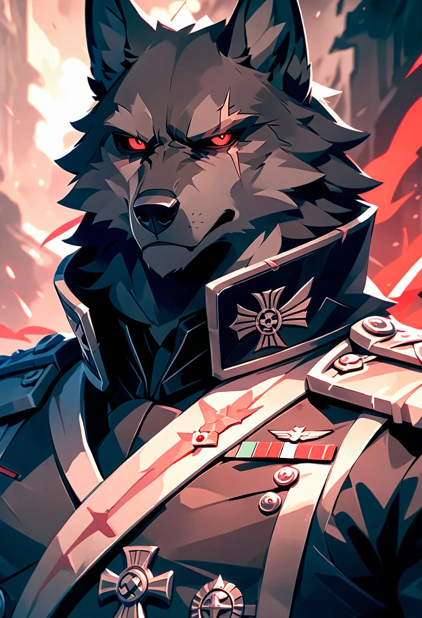 Handsome anthropomorphic black wolf wearing all black german style military outfit, detailed black fur, scar on eye, red eye color, evil, villain, sexy, masculine, arrogant expression, superiority complex, rugged, war general, military general, intimidating, black and white clothing, toned, light novel art