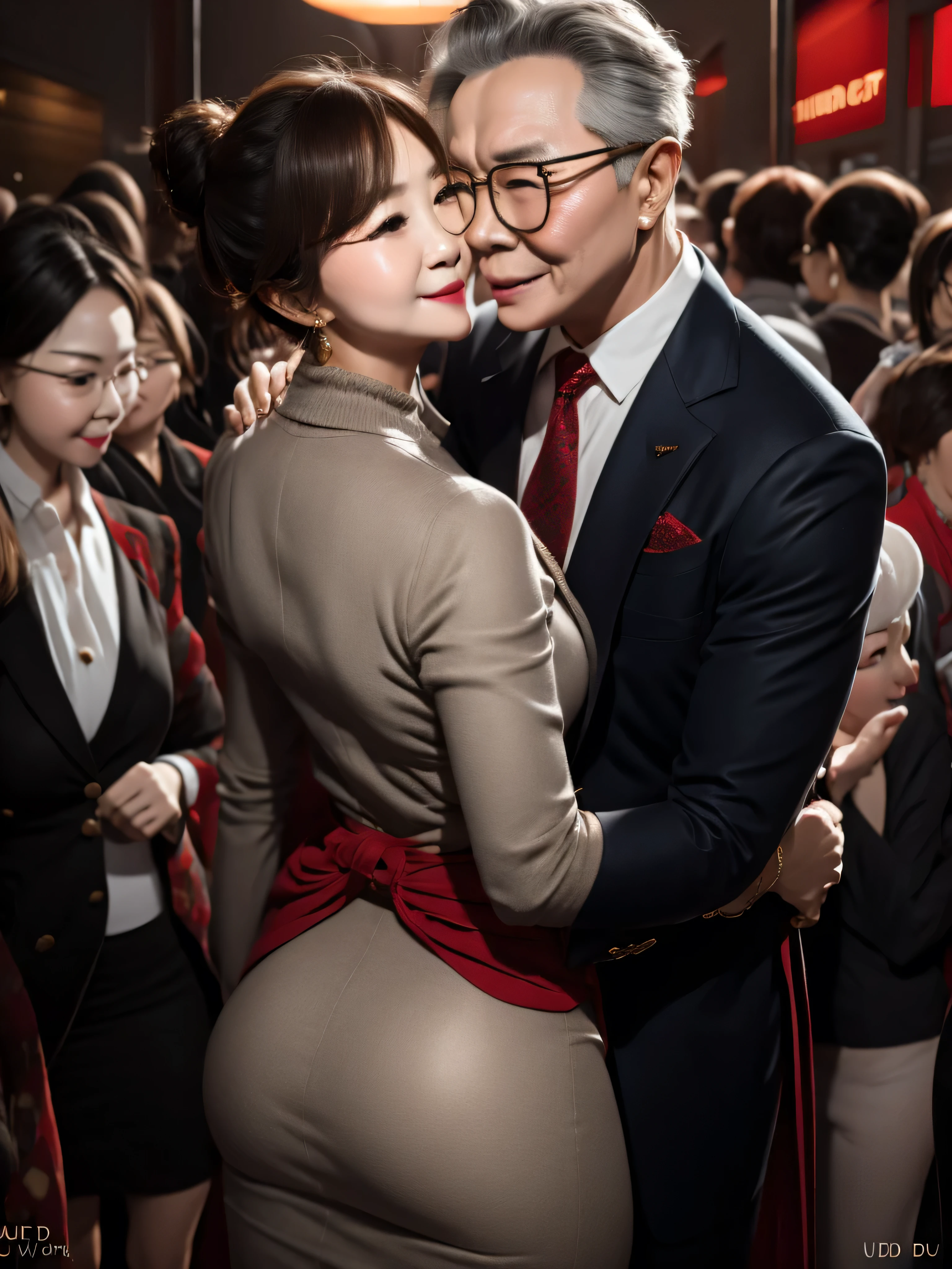 A beautiful woman wearing a revealing skirt suit, her elderly husband hugged and kissed her from behind in the crowded crowd, UHD, masterpiece, textured skin, super detail, best quality, 8k.