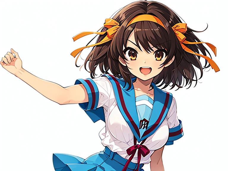 1girl, haruhisuzumiya, brown eyes, brown hair, medium hair, hair ribbon, hairband, kita high school uniform, serafuku, sailor collar, short sleeves, skirt, suzumiya haruhi, haruhisky v3 , medium breasts