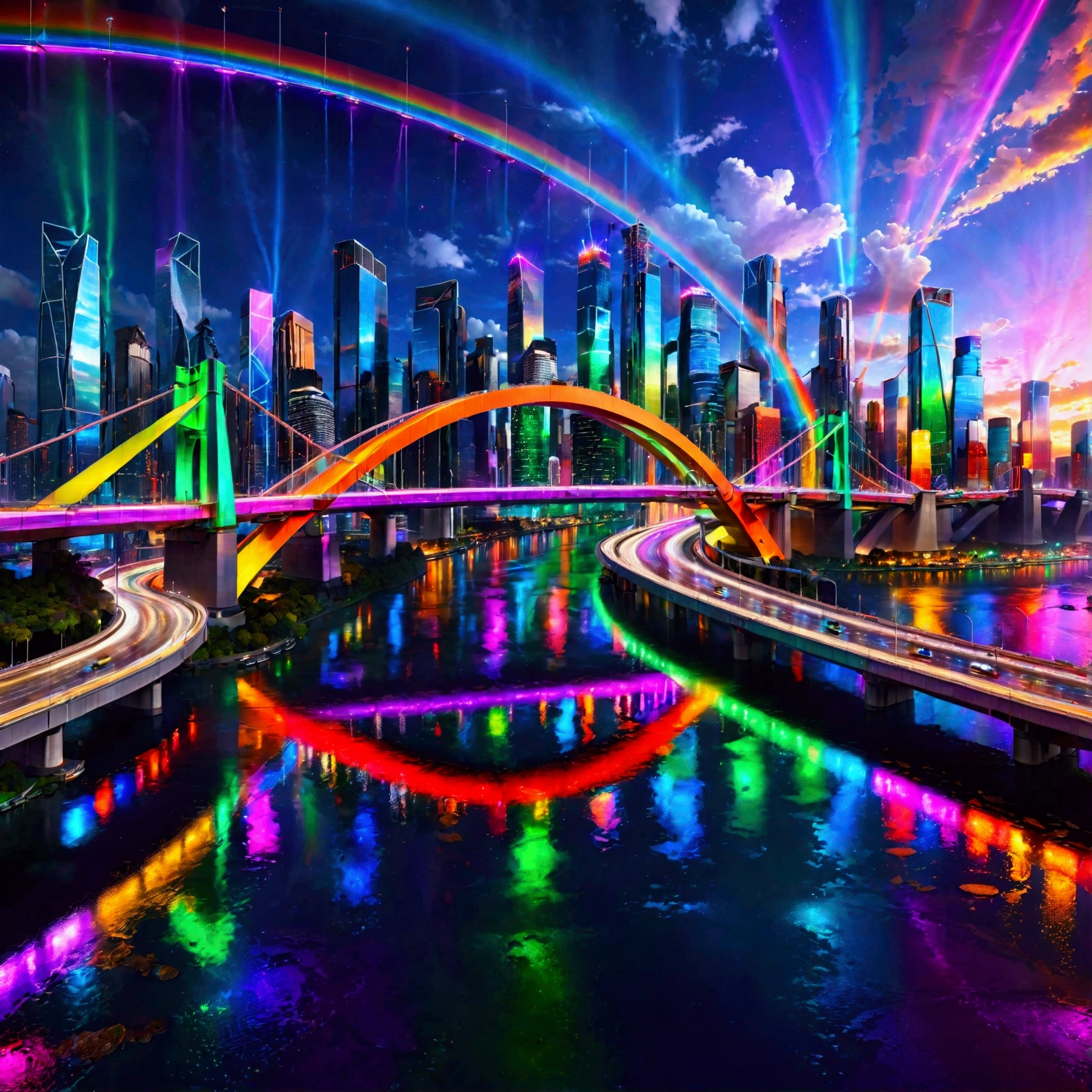 A vibrant nighttime scene of a futuristic city featuring a glowing, rainbow-colored highway junction and an iconic, fully illuminated rainbow bridge spanning a river. The bridge is a massive structure, shimmering with vivid hues of red, orange, yellow, green, blue, and purple, serving as the city’s central monument. The highway junction twists and turns in intricate patterns, glowing with neon rainbow lights, connecting the various levels of the city. The futuristic skyline is adorned with sleek skyscrapers and holographic displays, creating a dynamic, energetic atmosphere. Reflections of the lights dance on the river’s surface, enhancing the city’s vibrant, near-future aesthetic, (futuristic city, nighttime, rainbow-colored highway, glowing highway junction, iconic bridge, neon lights, vivid colors, sleek skyscrapers, holographic displays, river reflections, dynamic, energetic, near-future aesthetic, shimmering hues, red, orange, yellow, green, blue, purple)