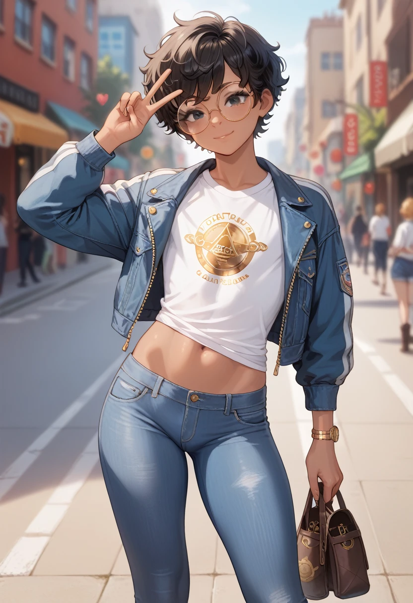  masterpiece,  better quality , Artist bdone , 20 years, femboy,  curly and blurred hair,  short hair,  black hair,  black eyes, round glasses, golden lenses,  tanned skin, Blue denim jacket, Grey sports pants , Dark blue t-shirt ,  brown shoes , love and peace,  slim body, effeminate body, marked rear, Femboy body ,  slim body,  ectoform body 