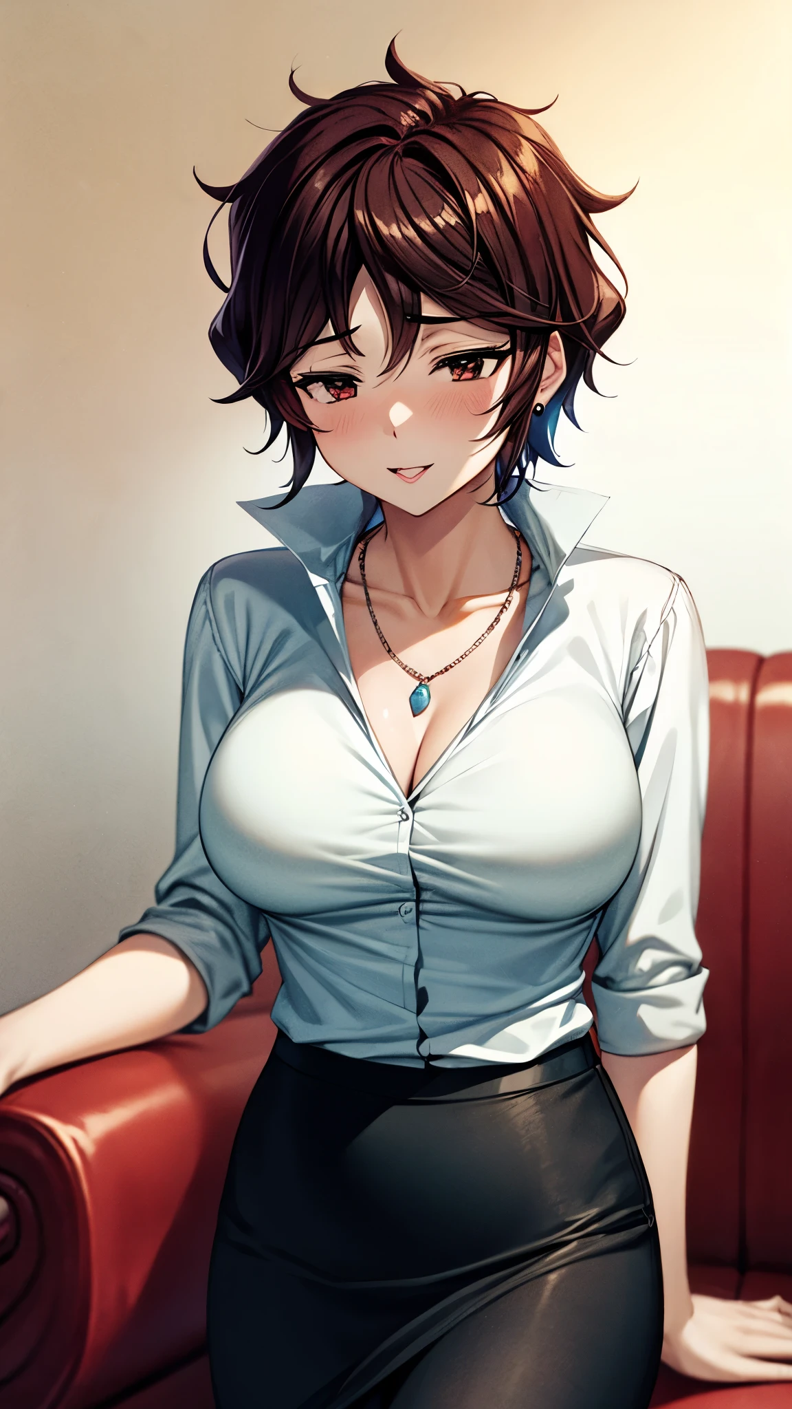 （ super quality, ultra high resolution,16k,super masterpiece,Ultra HD ,Detailed shading and background,）one sexy wife,Short black hair,（A white shirt with a large collar spread wide and standing straight, wide open chest, getting slapped hard by men {x} black pencil skirt,） earrings for a woman alone, Necklaces , gentle smile ,Open thick lips slightly,Sitting on a sofa in the morning sun,