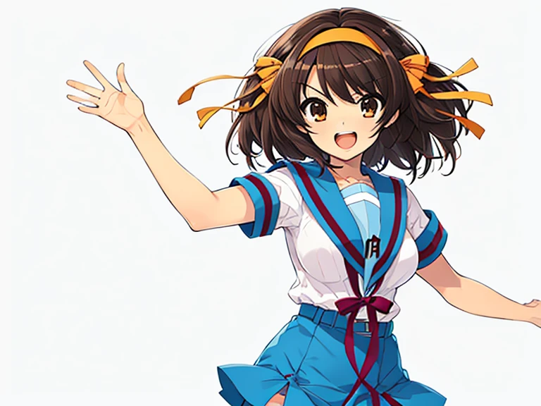 1girl, haruhisuzumiya, brown eyes, brown hair, medium hair, hair ribbon, hairband, kita high school uniform, serafuku, sailor collar, short sleeves, skirt, suzumiya haruhi, haruhisky v3 , medium breasts