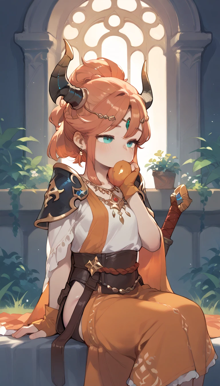 I have golden eyes, just like my friend Ares. I have bright orange hair, the color of a sunset. My skin is the perfect shade of light golden and I have pointed ears. I am quite tall. I'm pretty cute if I do say so myself, which I do. Horns. Piercings. Wearing clothes fitted for a demon Prince. Shorns. Black and gold robe. face with strong jaw. Roman nose. Smiling. Eating candy. Palace. Youthful look. girl. Bulge in pants, short cut