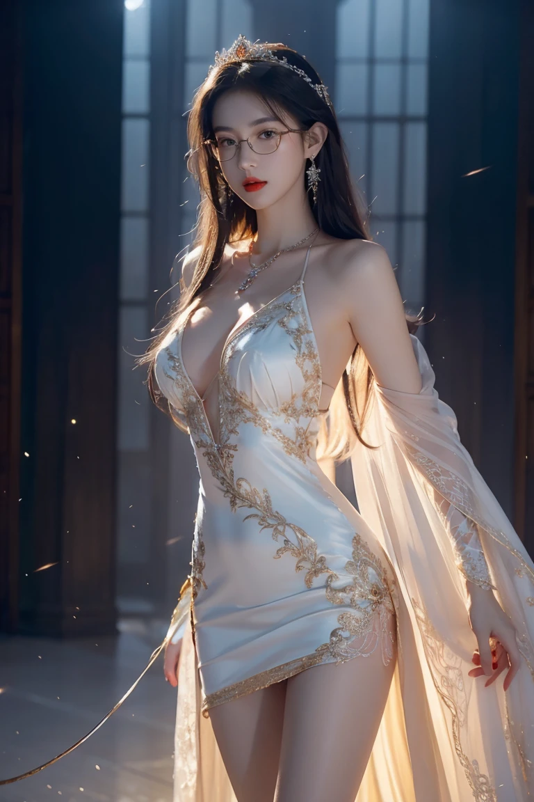 Finest CG ,  High Quality, masterpiece, Delicate and beautiful girl, (185cm Beautiful Woman), ( are tall and slender), Royal sister, Queen temperament,  white skin, ((Long legs)),  Perfect Face , Bright Eyes, Seductive posture,  red lips, Beautiful and cold (Big Break)), Beautiful and heroic, soft and long hair, Sparkling, Lace Edge, mesh,  Skin Seen Through Perspective ,  girl with glasses ,   Diamond Earrings ,  Ruby Necklaces , ( evening dress), 8K quality, ( realistic portrait), Characters that fill the screen , ( FACIAL LIGHTING ), (( standing)