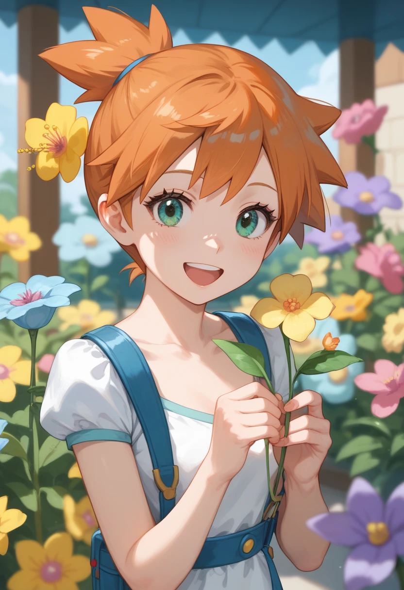 Character pokemon, 1 girl , Misty , cute ,blue , cute expression,  (masterpiece), (best_quality), (ultra-detailed), (illustration), (welcoming), depth of field, 1girl, (happy flower gunslinger:1.3), (in the dangerous, Baroque clouds:r,spiked hair, long eyelashes, , green eyes , orange hair 