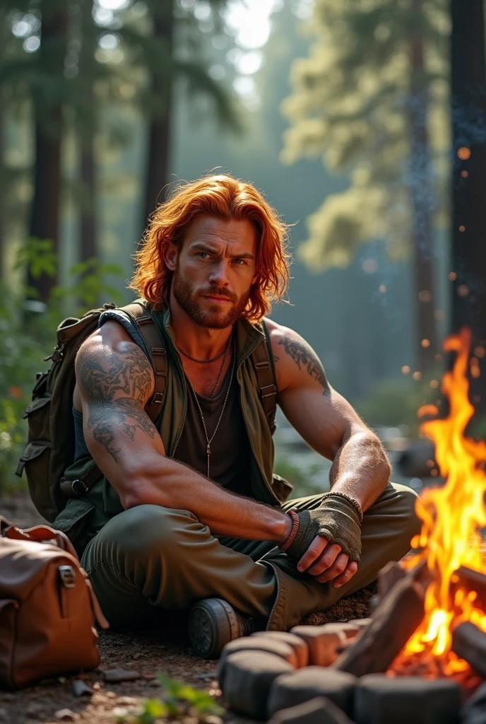 Create a realistic image of a red-haired man with hair that looks like fire, with about 1,85 m high. Her hair is intense red and voluminous, with a style that imitates the effect of flames, giving the impression of movement and intensity. a muscular and athletic body, result of intense combat training. Your eyes are dark brown, with a focused and determined look. Your face is structured, with strong features and a well-defined jawline. May have a slight scar or battle mark. He is dressed in practical and functional clothes: a tight t-shirt and sturdy pants, suitable for combat. Wear combat sneakers or sturdy boots. Additionally, he may have discreet tattoos on his arms or shoulders. The setting is the Amazon rainforest, with dense vegetation in the background, reflecting your bond with nature.