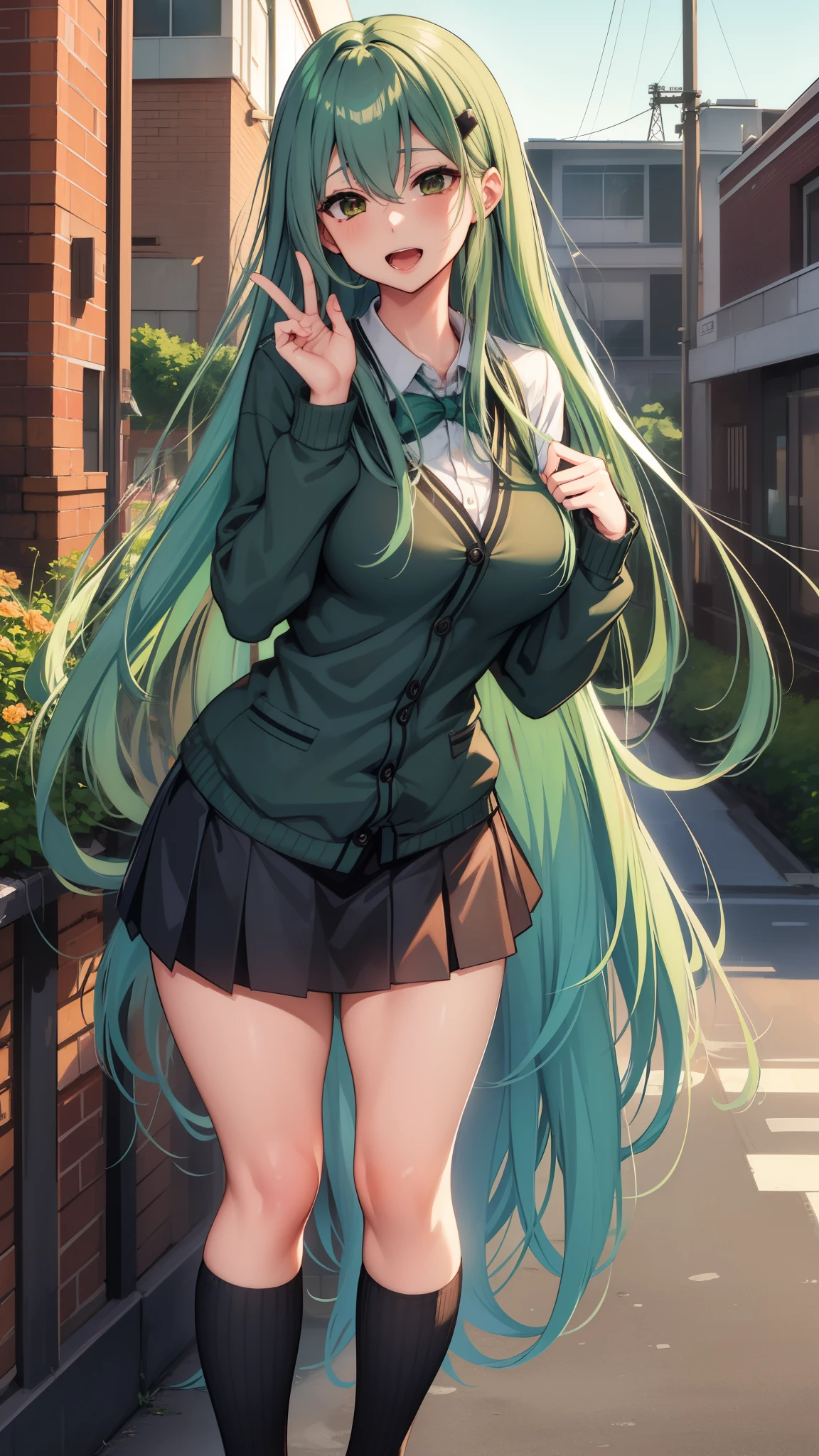 daughter， taller than， hidden arm， green_and_green hair， detailed beautiful eyes， navy Blue eyes， evil smile， medium breasts， open the navel，big breasts thin waist，middle leg， uniform， japanese school uniform，JKuniform，black long stockings， fine clothes， master piece