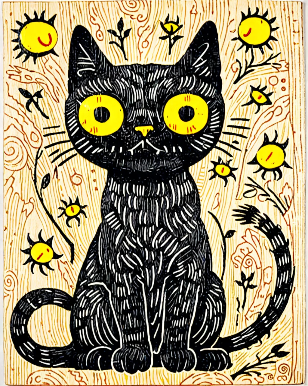 One cat、cat scratch board seen from the front、Woodblock print、 yellow eyes, , Lore、middle ages、Ireland、Celts、 fantasy、Illustrations