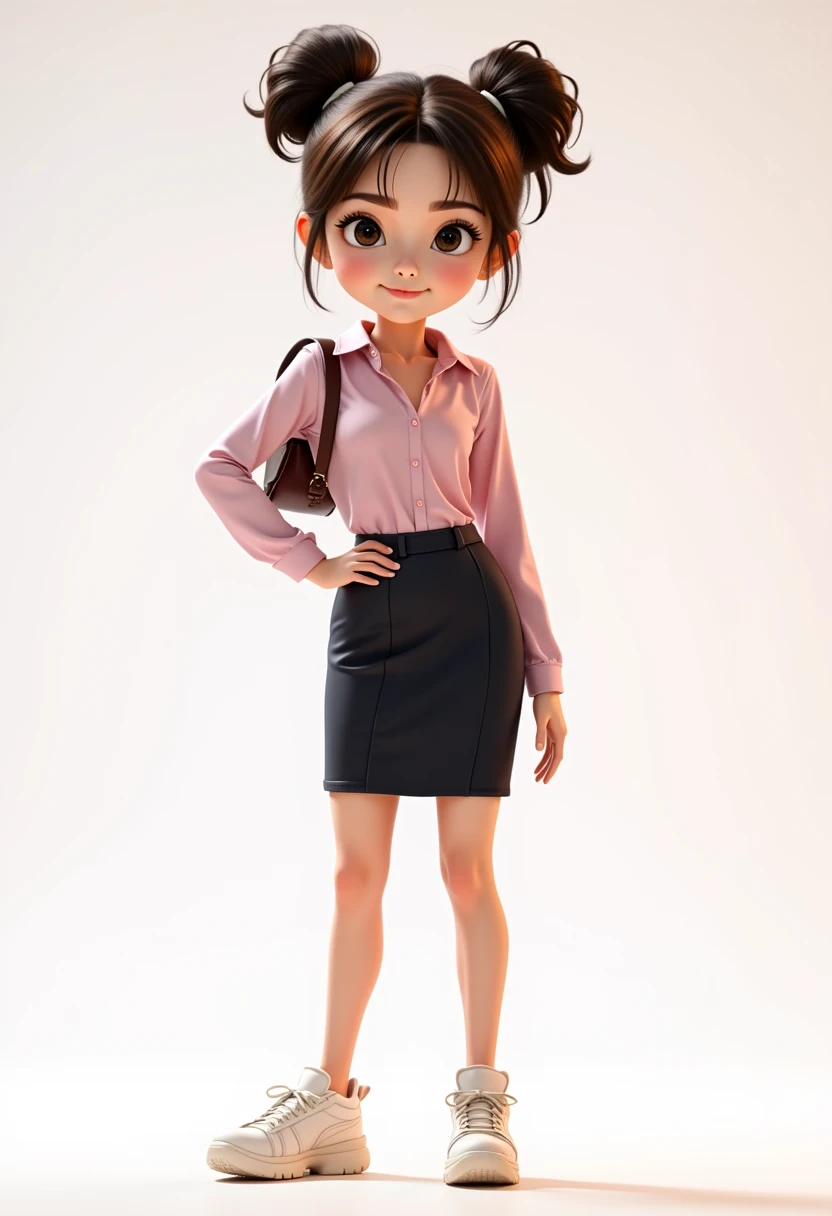 a cute cartoon character in professional outfit, standing full body shot, highly detailed, 4K, 8k, photorealistic, masterpiece, vibrant colors, dynamic lighting, soft ambient lighting, clean professional look, stylized, dynamic pose, confident expression, detailed facial features, big expressive eyes, detailed hair, sharp focus, seamless blending, studio quality background full white skirt sneakers chunky