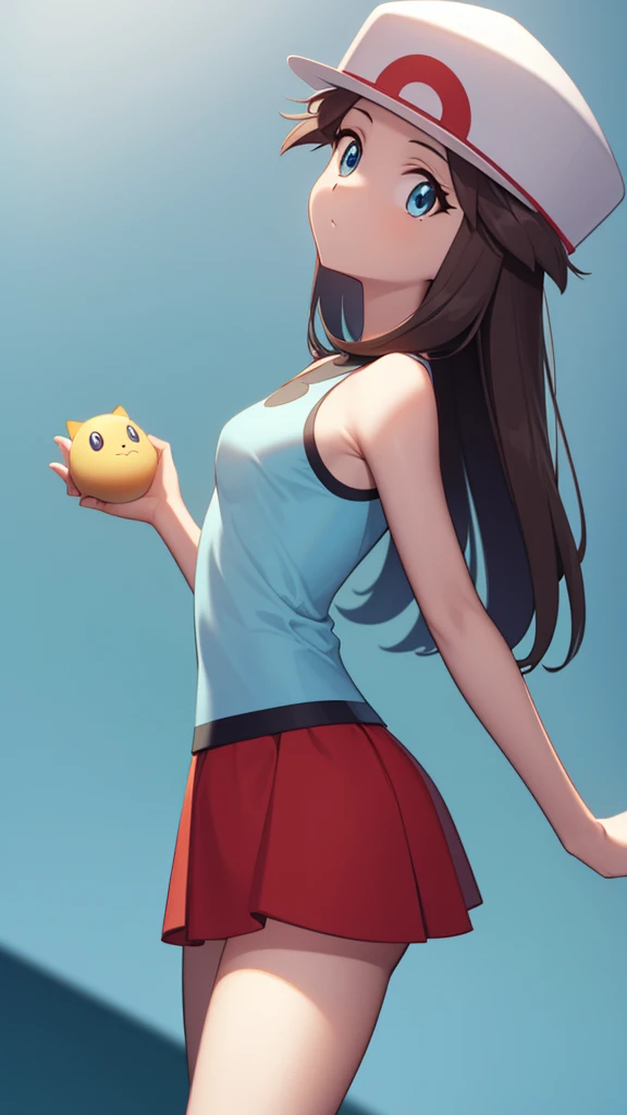 Pokemon Leaf , Pokemon Leaf ,  brown eyes, brown hair,  long hair , ( small breasts :1.2),
BREAK cap , has,  sky blue sleeveless blouse , red skirt,  blue socks BREAK looking at the viewer,
BREAK ( masterpiece:1.2),  better quality ,  High resolution,  unity wallpaper 8k , ( illustration:0.8), ( beautiful detailed eyes :1.6),  extremely detailed faces,  Perfect lighting ,  cg extremely detailed , (manos perfectas,  perfect anatomy),( with a Pokébola in her hand )