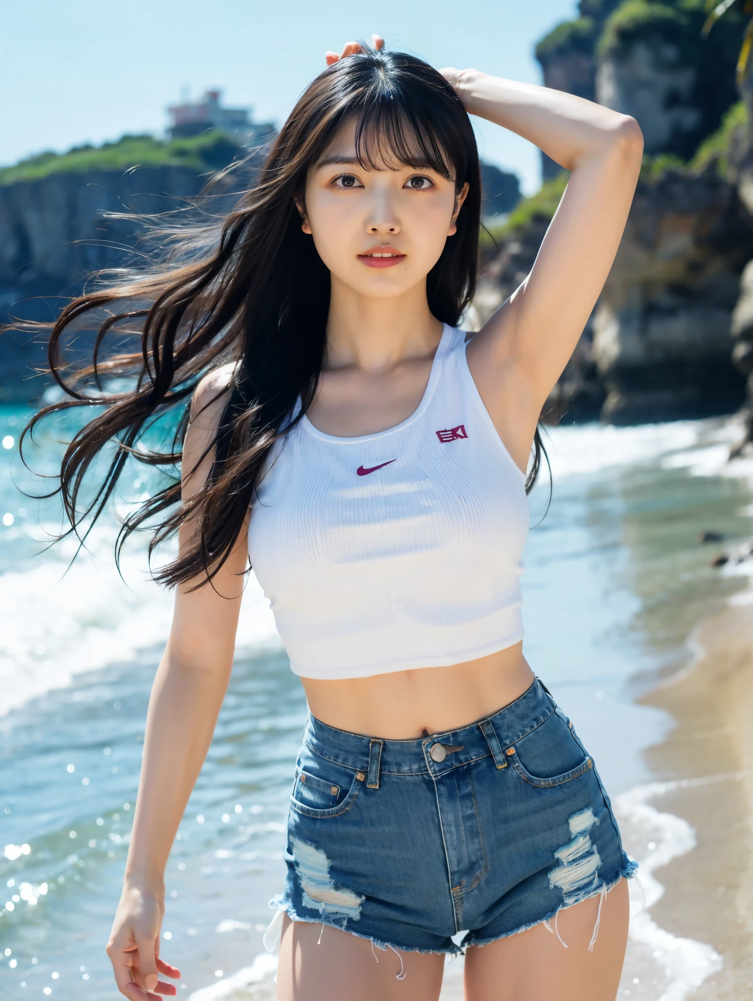 8K raw photo beauty:2.0, dark brown hair long hair, amazing face and dark eyes , staring at the camera, show armpits, Running, Sprint, dynamic pose, vibrant pose ,(white crop top and distressed denim shorts:1.2)、 wears sneakers:1.4, photorealistic:1.9, Extremely Detailed CG Unified 8K Wallpaper , high definition, high definitionな生の色写真, professional photography,Look forward, is showing the whole body,Shooting on the beach, Sexy Girl Portraits