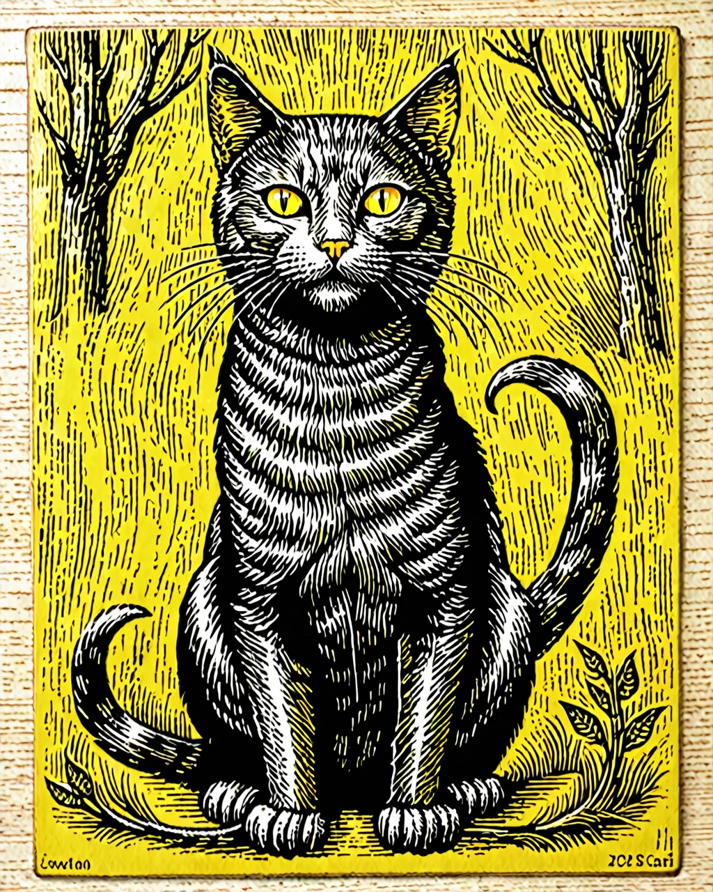 One cat、cat scratch board seen from the front、Woodblock print、 yellow eyes, , Lore、middle ages、Ireland、Celts、 fantasy、Illustrations