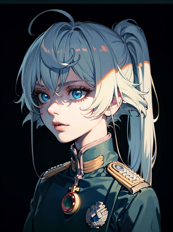 a young girl with long silver white hair, beautiful detailed eyes, beautiful detailed lips, extremely detailed face, oneeyes, long eyelashes, standing in an upside-down position, close-up portrait, intricate details, 1girl, Tanya Degurechaff, Tanya the Evil, Youjo Senki, blue and white uniform, military outfit, war background, ruined city, cinematic lighting, dramatic atmosphere, dark moody lighting, cold color palette, dramatic shadows, highly detailed, 8k, photorealistic, masterpiece, hyperdetailed, illustration