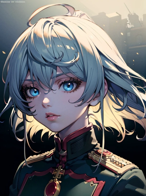 a young girl with long silver white hair, beautiful detailed eyes, beautiful detailed lips, extremely detailed face, oneeyes, long eyelashes, standing in an upside-down position, close-up portrait, intricate details, 1girl, Tanya Degurechaff, Tanya the Evil, Youjo Senki, blue and white uniform, military outfit, war background, ruined city, cinematic lighting, dramatic atmosphere, dark moody lighting, cold color palette, dramatic shadows, highly detailed, 8k, photorealistic, masterpiece, hyperdetailed, illustration