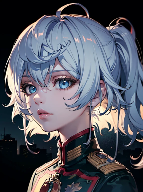 a young girl with long silver white hair, beautiful detailed eyes, beautiful detailed lips, extremely detailed face, oneeyes, long eyelashes, standing in an upside-down position, close-up portrait, intricate details, 1girl, Tanya Degurechaff, Tanya the Evil, Youjo Senki, blue and white uniform, military outfit, war background, ruined city, cinematic lighting, dramatic atmosphere, dark moody lighting, cold color palette, dramatic shadows, highly detailed, 8k, photorealistic, masterpiece, hyperdetailed, illustration