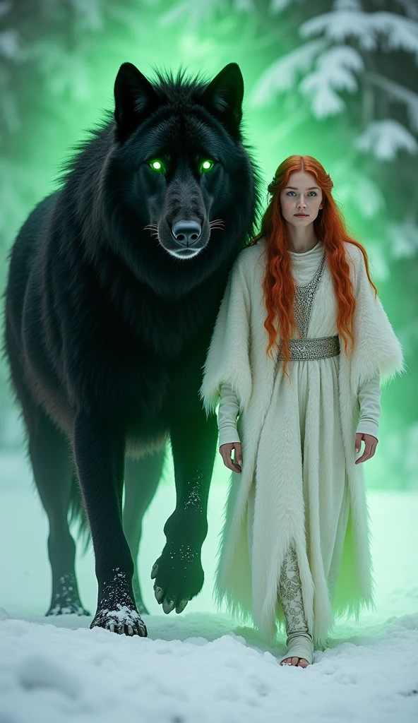 Create an image of a beautiful red-haired woman walking alongside a huge black wolf with long fur. The woman wears a Viking princess outfit made of all-white wolf fur, featuring intricate, hyper-detailed textures with realistic flow and sound. With glowing green eyes, the huge black wolf exudes power and strength, outlined in neon green and surrounded by a bright green light, reminiscent of glowing spirits. Both are looking directly at the photographer, with an ethereal light enveloping their forms. Glowing neon pink eyes for the lion create a striking visual contrast. The environment is heavily covered in snow, with natural light highlighting their forms and clothing. The scene is rendered in a cinematic atmosphere with dynamic lighting (0.85), HDR lighting, ultra-HD and 8k resolution. Intricate details in the environment, clothing and glowing presence are emphasized (0.9). Stable diffusion and constant diffusion ensure smooth and realistic textures (0.85). Natural light and an ethereal glow create a surreal yet realistic vibe. Both exude strength and confidence, creating a powerful and ethereal scene that emphasizes their glowing presence, blending natural and neon elements seamlessly. 24-bit color and color rendering ensure vibrant details, with virtual and hyper-realistic textures making the composition visually stunning.